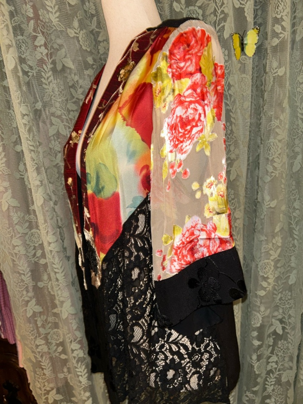 Bohemian Japanese Inspired Floral & Lace Open Front Silk Blend Cardigan Kimono - Picture 2 of 5